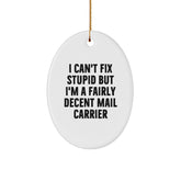 Funny Mail Carrier Gifts from Family to Mail Carrier Men, Oval Ornament with 'I Can't Fix Stupid But I'm A Fairly Decent Mail Carrier', Christmas Unique Gifts - Image 1